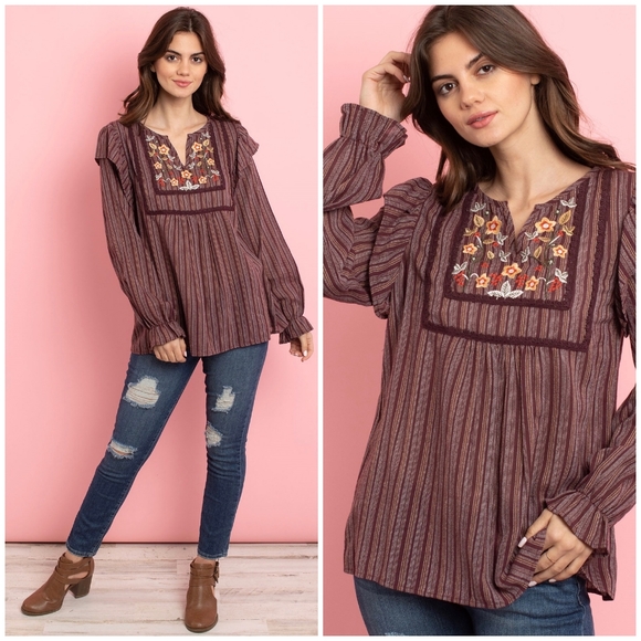 LLOVE Boho Chic Burgundy Striped Embroidered Top - Picture 8 of 9
